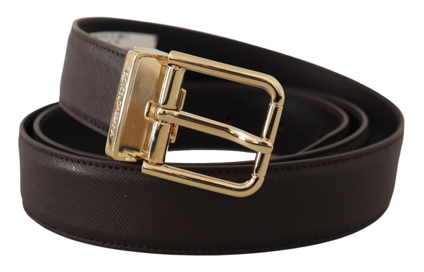 Brown Calf Leather Gold Logo Metal Buckle Belt