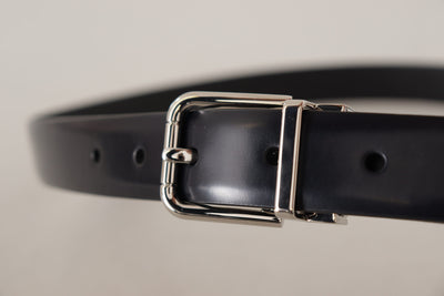 Black Calf Leather Silver Metal Logo Buckle Belt