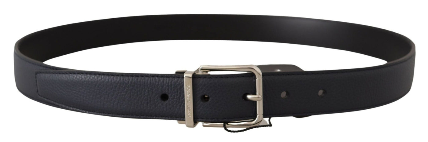 Navy Blue Leather Silver Tone Metal Buckle Belt