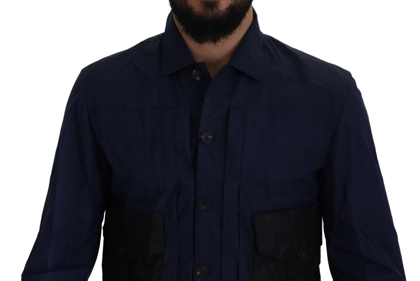 Dark Blue Cotton Collared Long Sleeves Casual Shirt