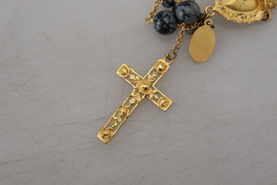 Gold Brass Crystal Chain Rosemary Cross Pendant Necklace