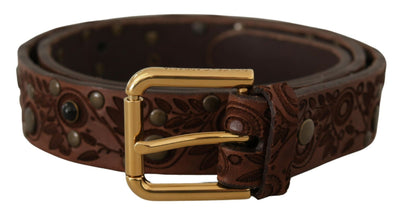 Brown Calf Leather Embossed Gold Metal Buckle