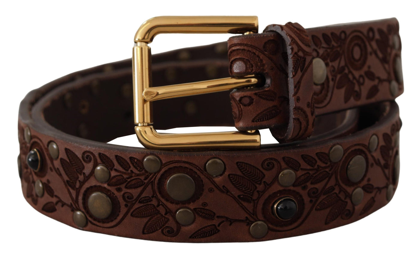 Brown Calf Leather Embossed Gold Metal Buckle