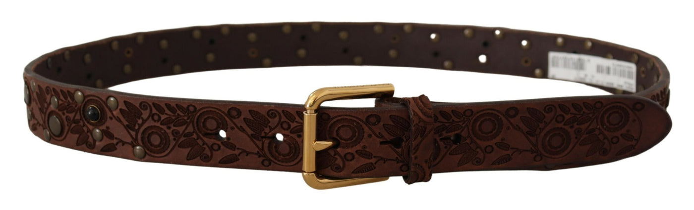 Brown Calf Leather Embossed Gold Metal Buckle