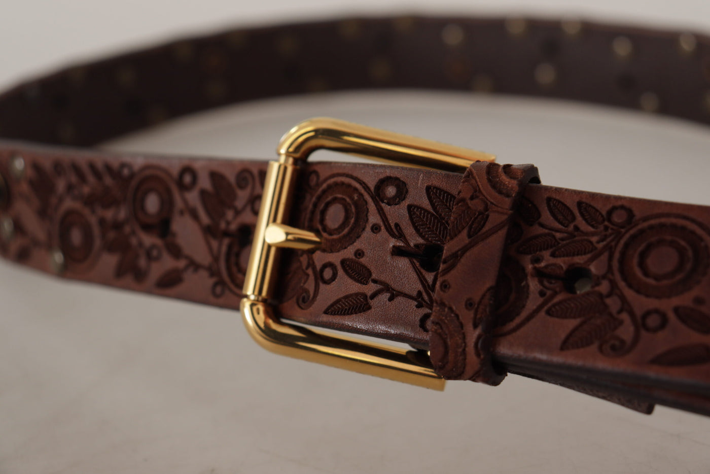 Brown Calf Leather Embossed Gold Metal Buckle