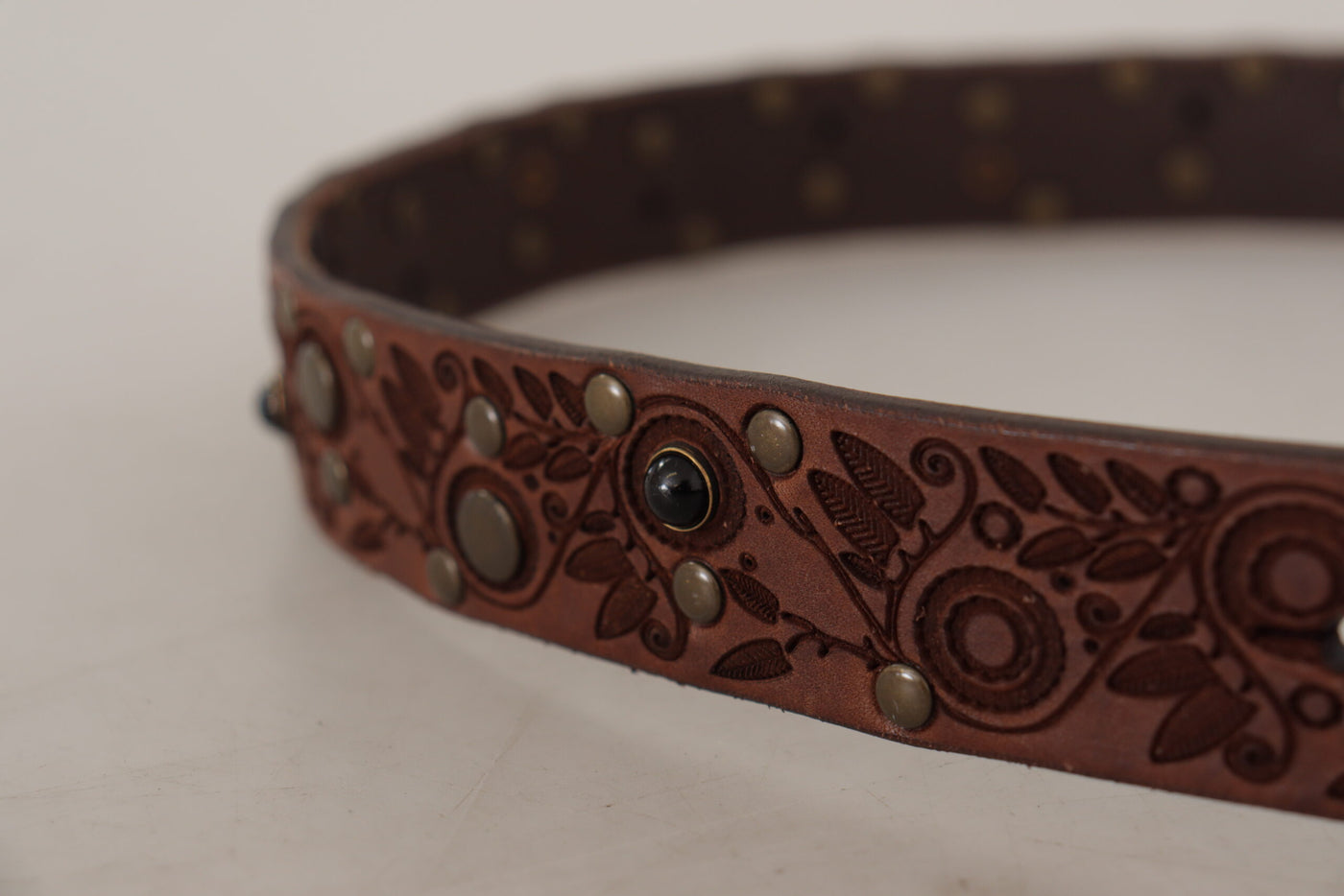 Brown Calf Leather Embossed Gold Metal Buckle