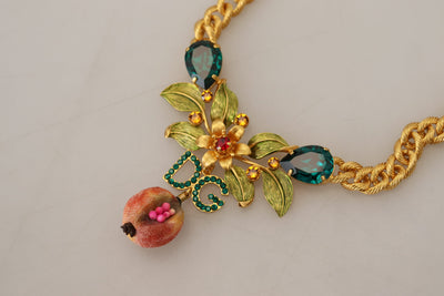 Gold Brass Crystal Logo Fruit Floral Statement Necklace