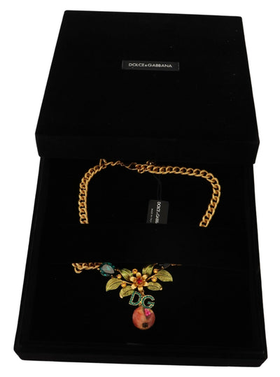 Gold Brass Crystal Logo Fruit Floral Statement Necklace