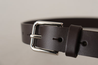 Dark Brown Calf Leather Logo Metal Buckle Belt