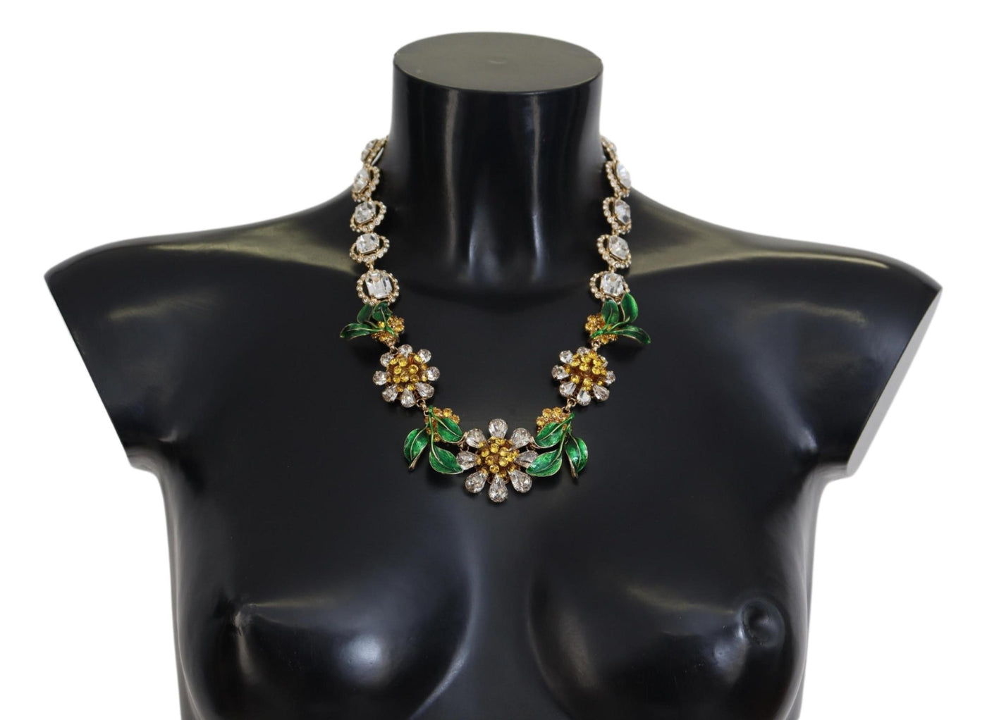 Gold Brass Crystal Logo Floral Statement Necklace