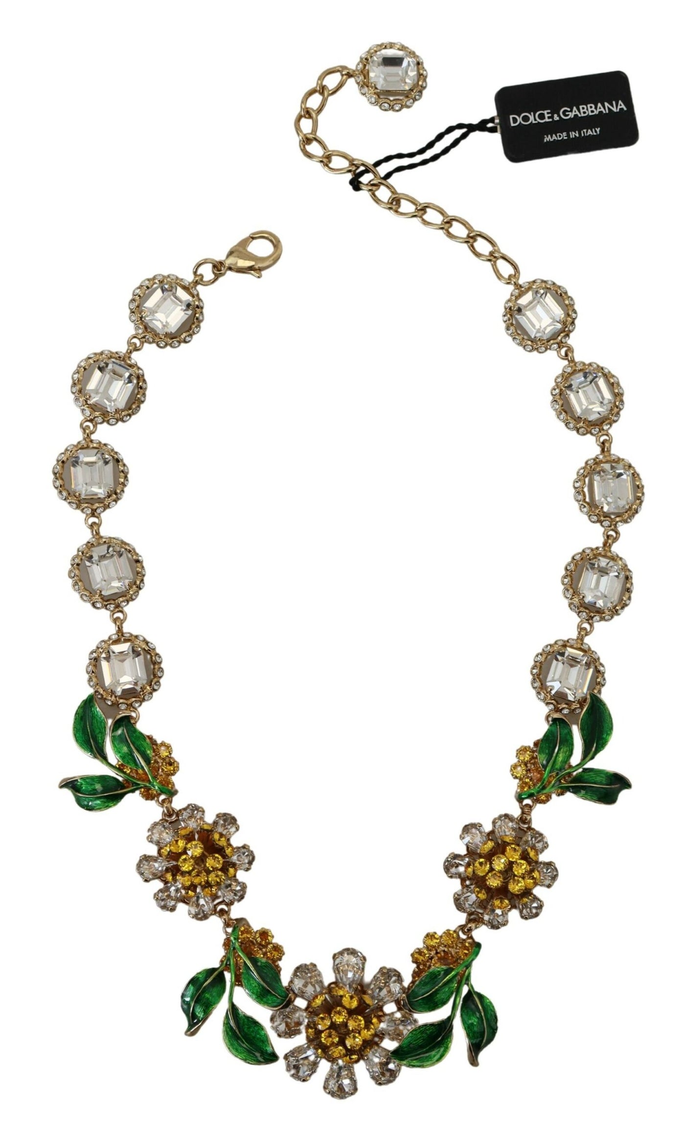 Gold Brass Crystal Logo Floral Statement Necklace