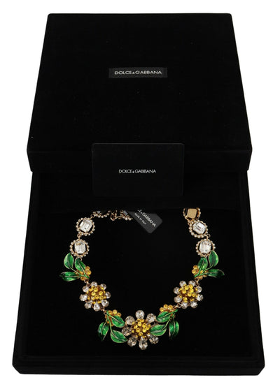 Gold Brass Crystal Logo Floral Statement Necklace