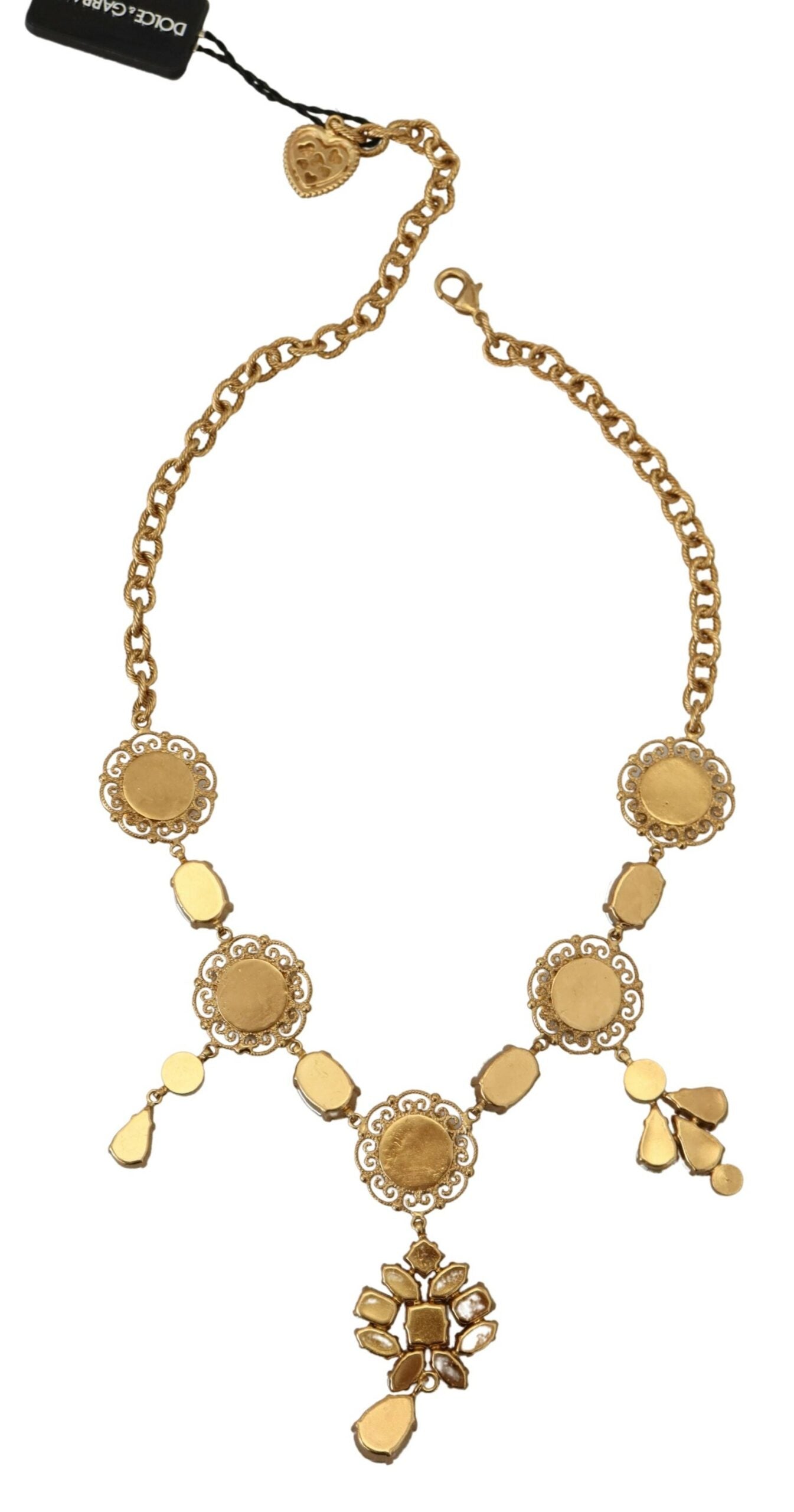 Gold Brass Crystal Logo Floral Statement Necklace