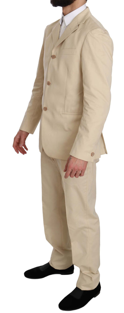 Two Piece 3 Button Beige Cotton Solid Suit