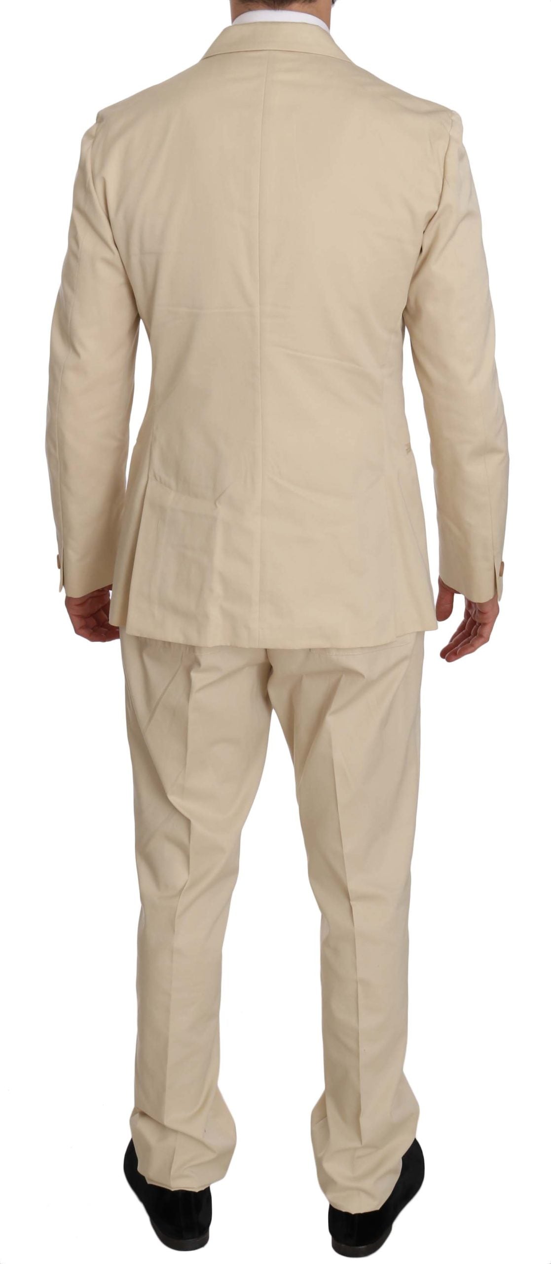 Two Piece 3 Button Beige Cotton Solid Suit