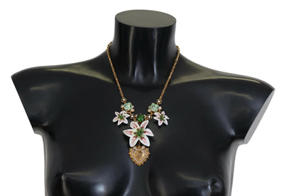 Gold White Lily Floral Devotion Heart Statement Necklace