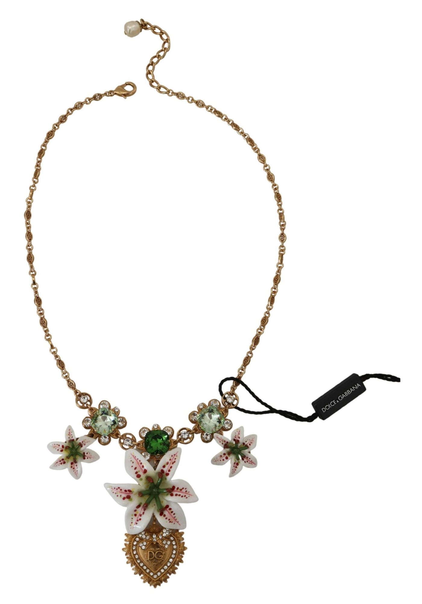 Gold White Lily Floral Devotion Heart Statement Necklace