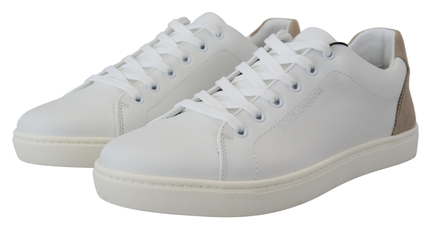 White Beige Leather Low Top Sneakers Shoes