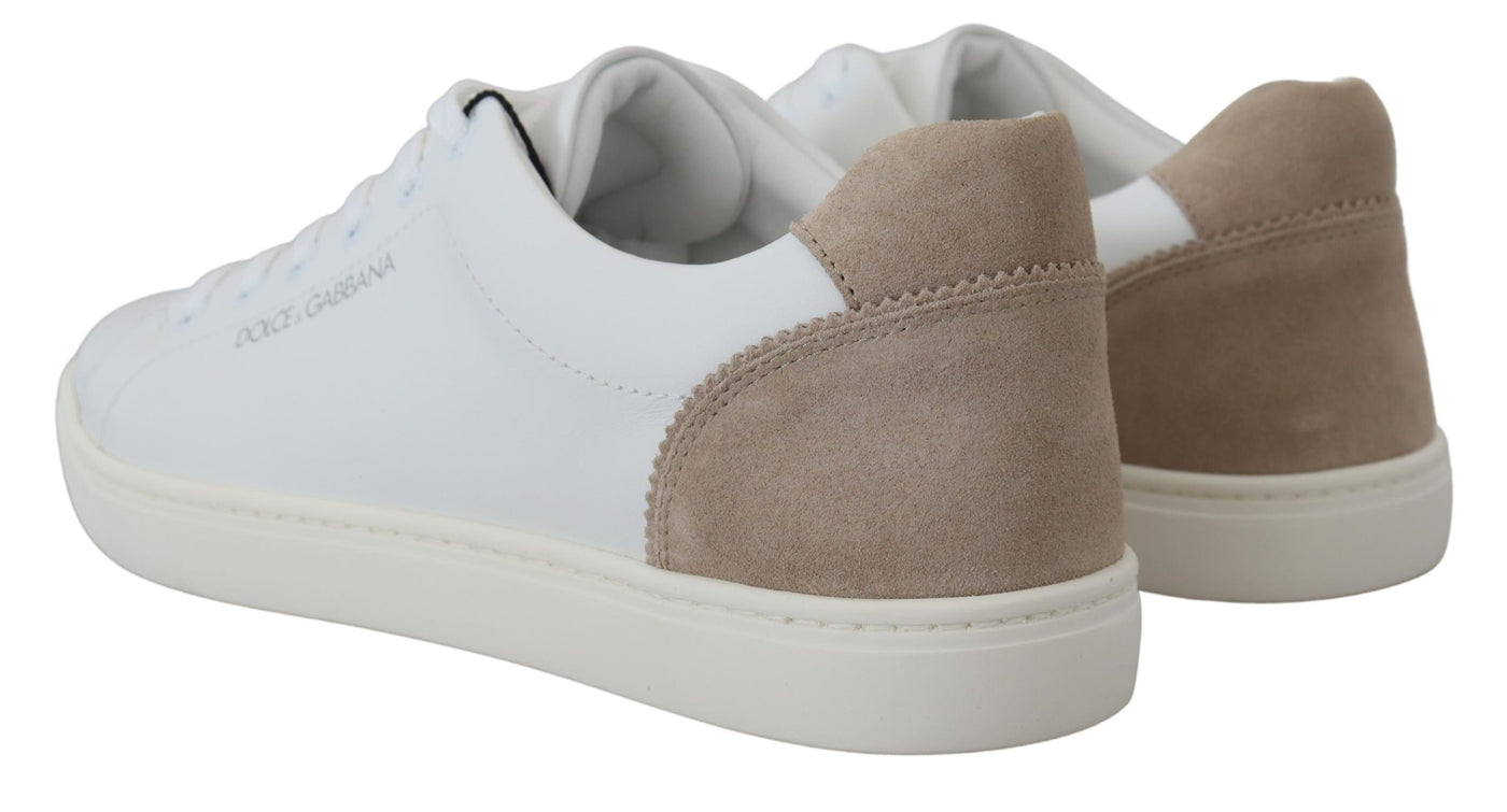 White Beige Leather Low Top Sneakers Shoes