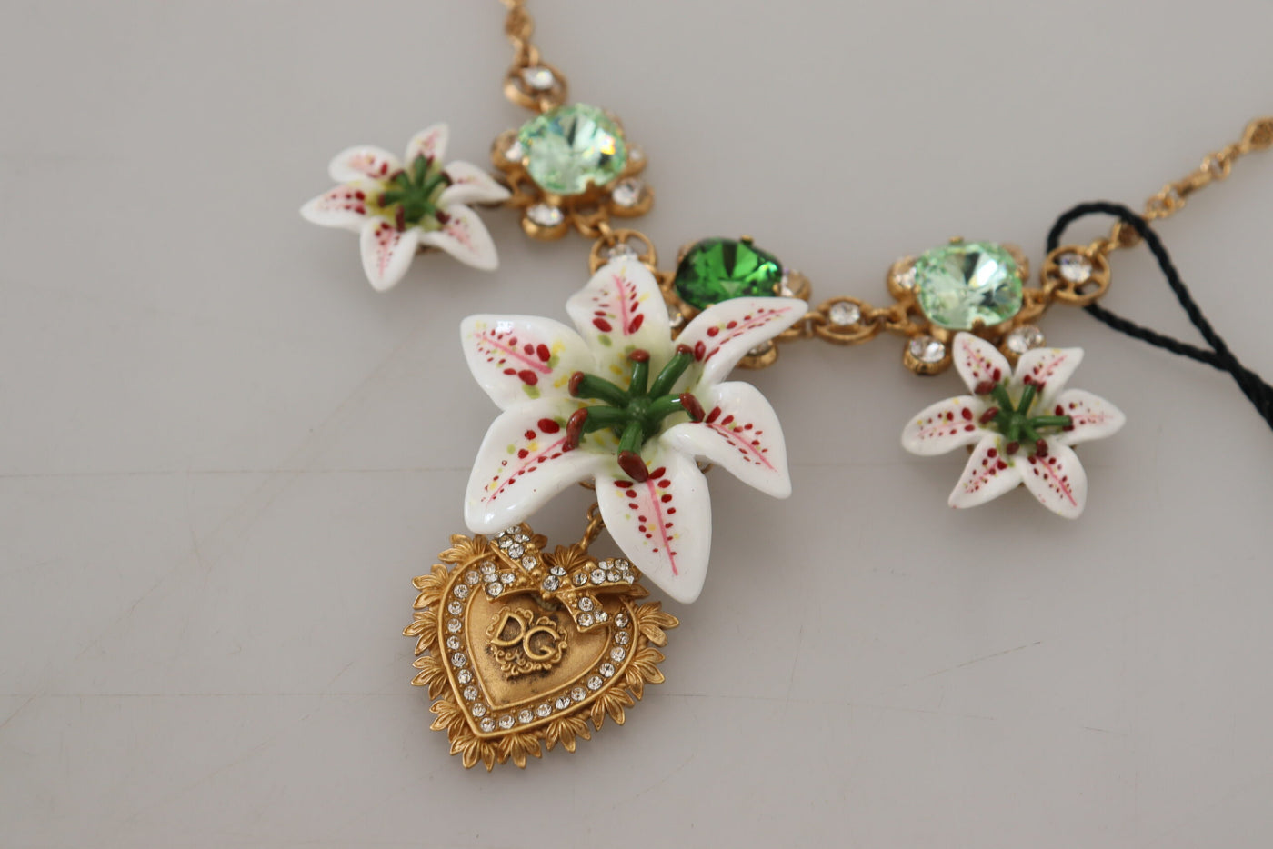 Gold White Lily Floral Devotion Heart Statement Necklace