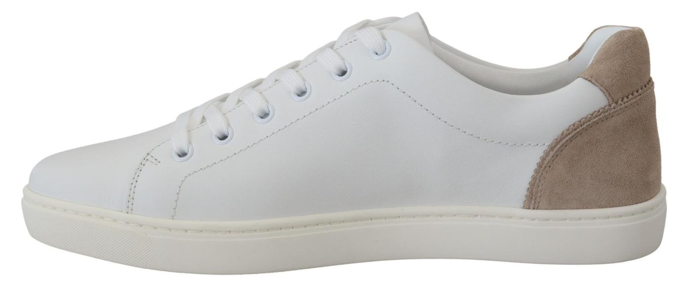 White Beige Leather Low Top Sneakers Shoes