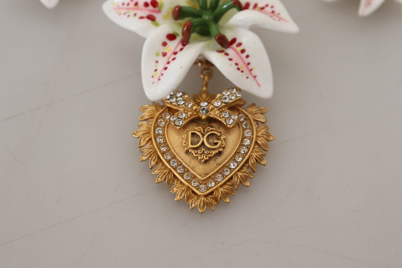 Gold White Lily Floral Devotion Heart Statement Necklace