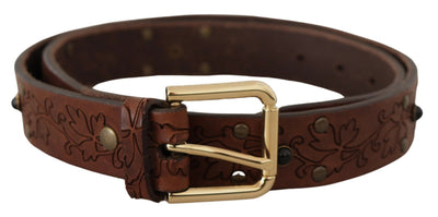 Brown Leather Floral Studded Metal Buckle Belt