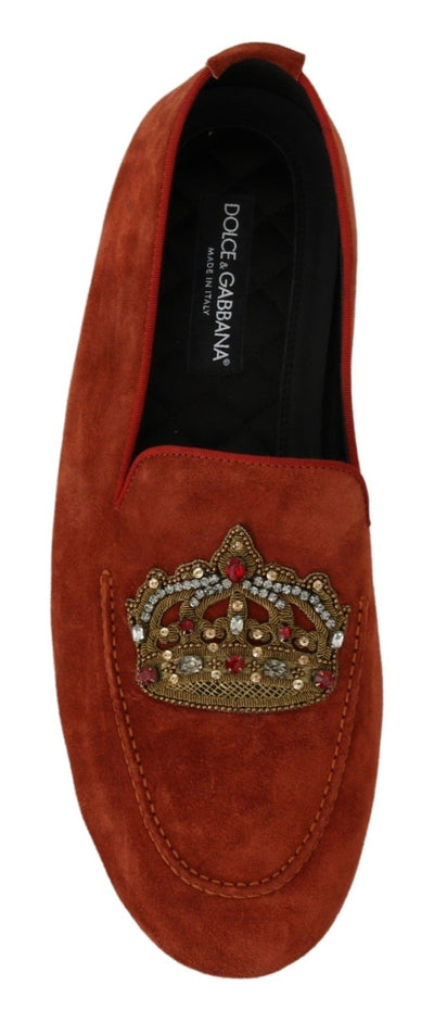 Orange Leather Moccasins Crystal Crown Slippers Shoes