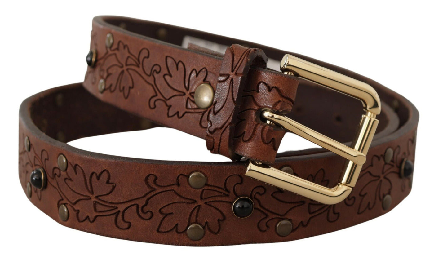 Brown Leather Floral Studded Metal Buckle Belt