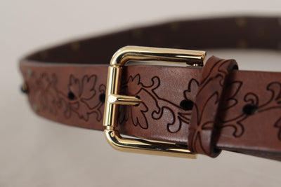 Brown Leather Floral Studded Metal Buckle Belt