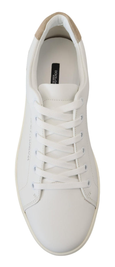 White Beige Leather Low Top Sneakers Shoes