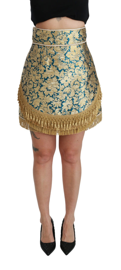 Blue High Waist Jacquard Tassel Gold Skirt