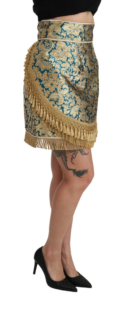 Blue High Waist Jacquard Tassel Gold Skirt