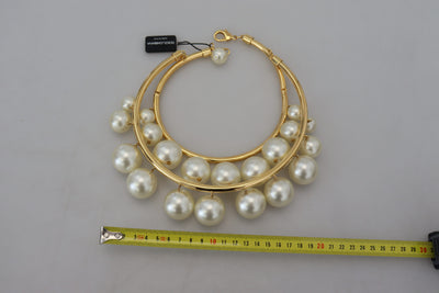 White Faux Pearl Embellished Brass Choker Necklace