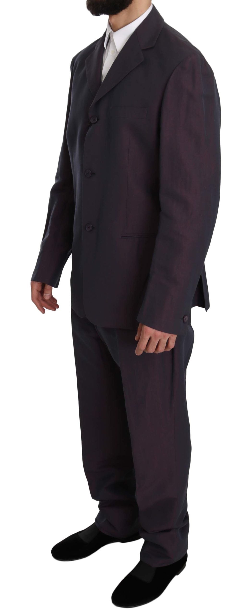 Purple Solid Two Piece 3 Button Linen Suit