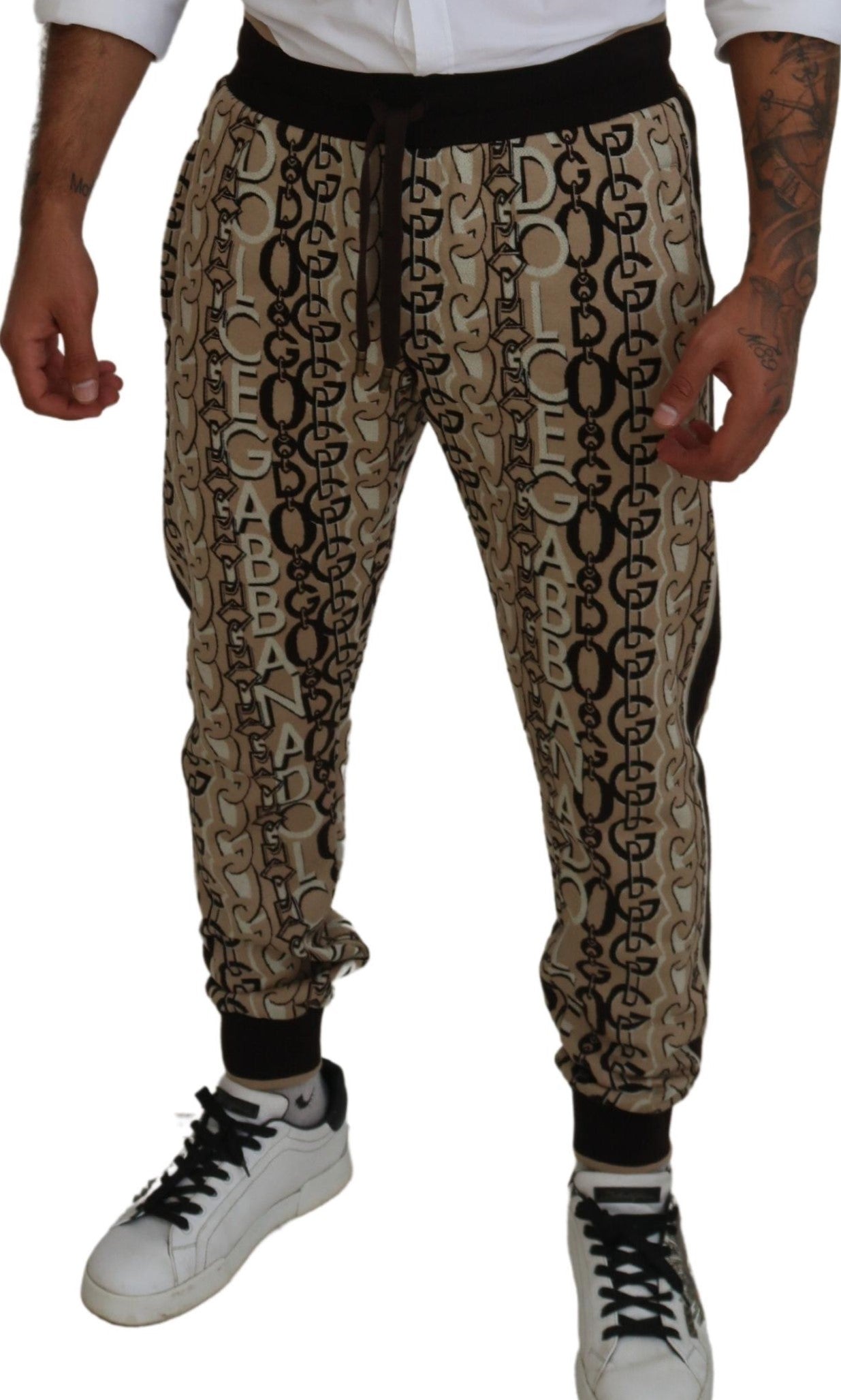 Beige Logo Print Cotton Jogger Pants