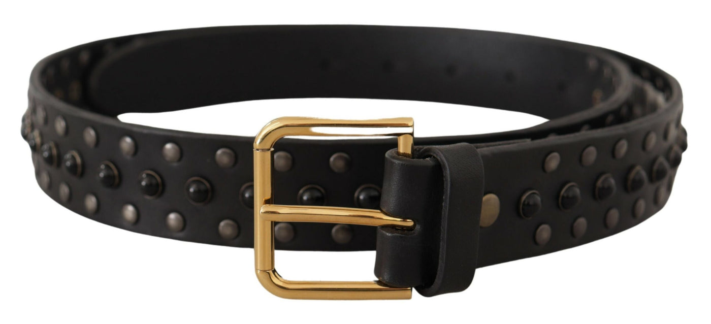 Black Leather Studded Gold Tone Metal Buckle Belt