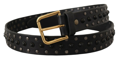 Black Leather Studded Gold Tone Metal Buckle Belt