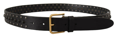 Black Leather Studded Gold Tone Metal Buckle Belt