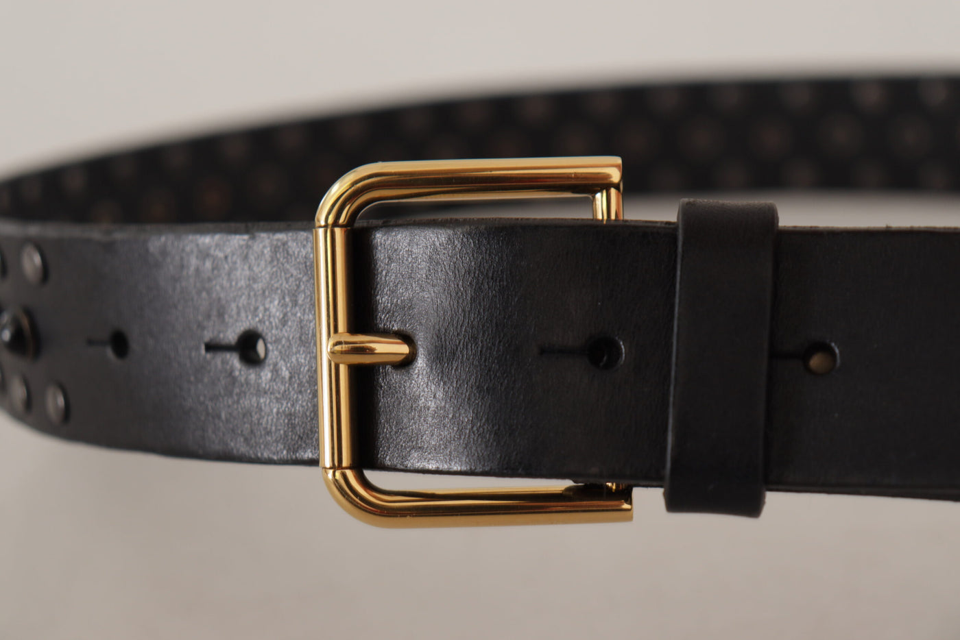 Black Leather Studded Gold Tone Metal Buckle Belt