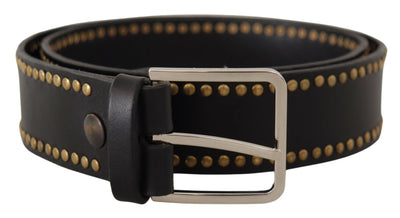 Black Calf Leather Studded Silver Metal Buckle Belt