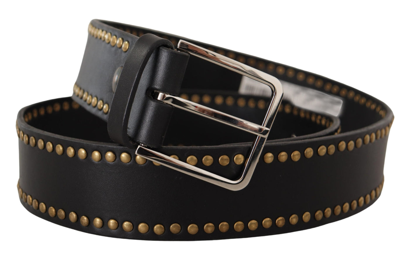 Black Calf Leather Studded Silver Metal Buckle Belt