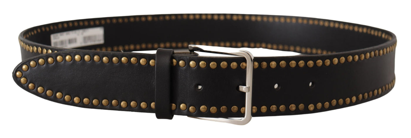 Black Calf Leather Studded Silver Metal Buckle Belt