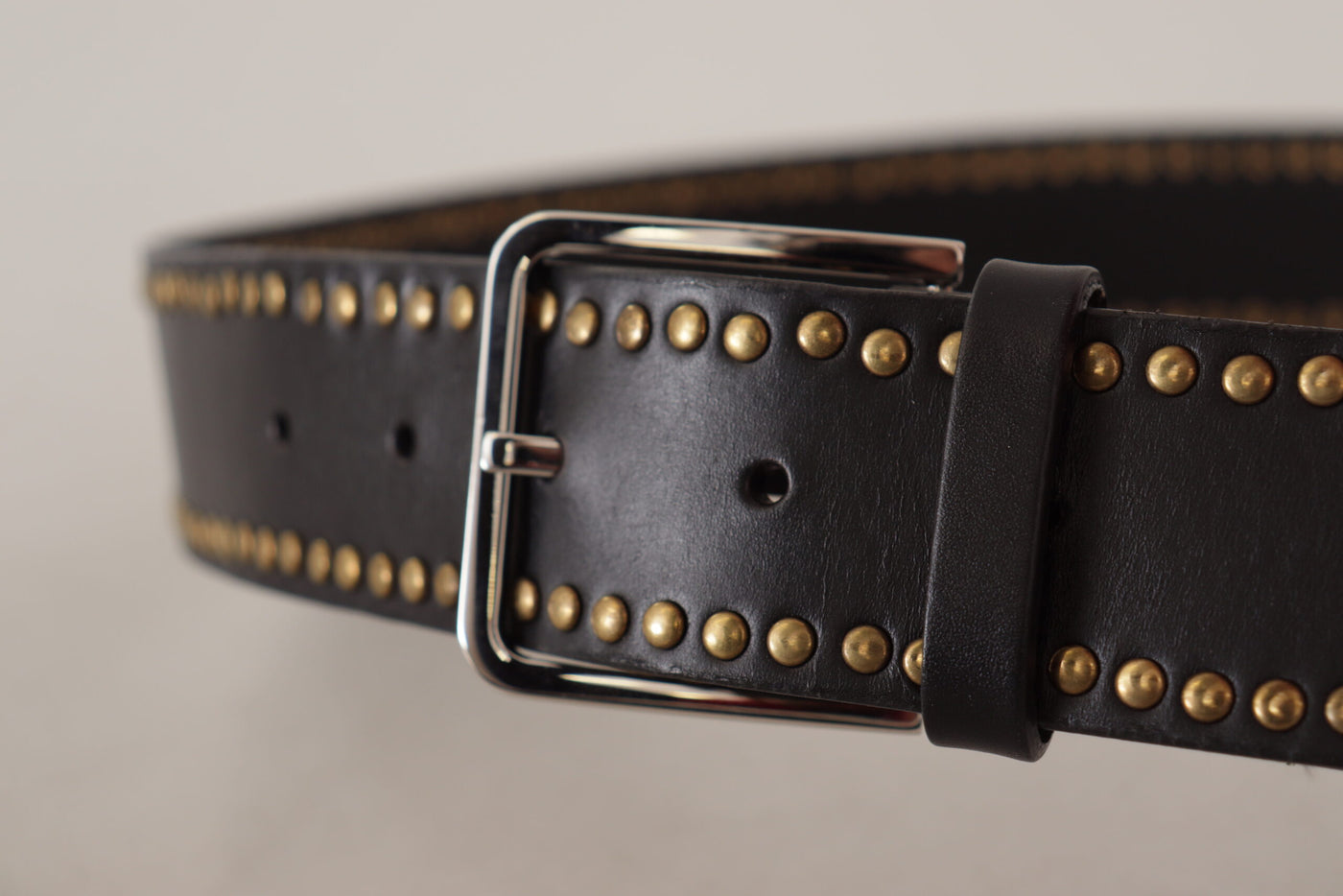 Black Calf Leather Studded Silver Metal Buckle Belt