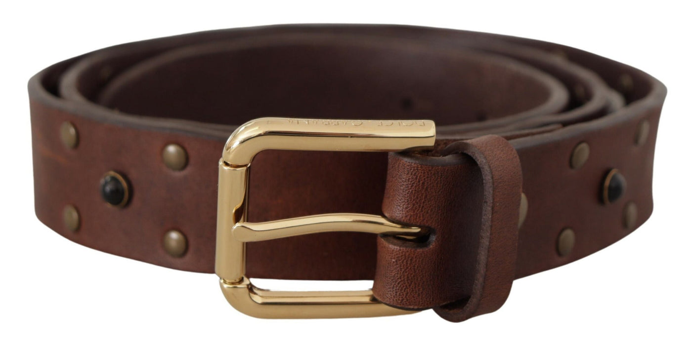 Brown Leather Studded Gold Tone Metal Buckle Belt