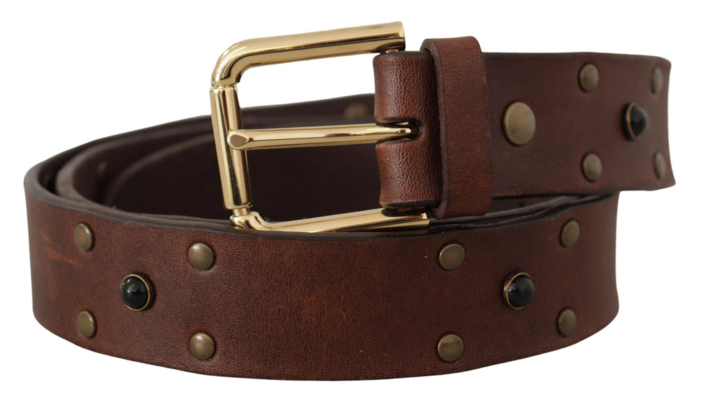 Brown Leather Studded Gold Tone Metal Buckle Belt