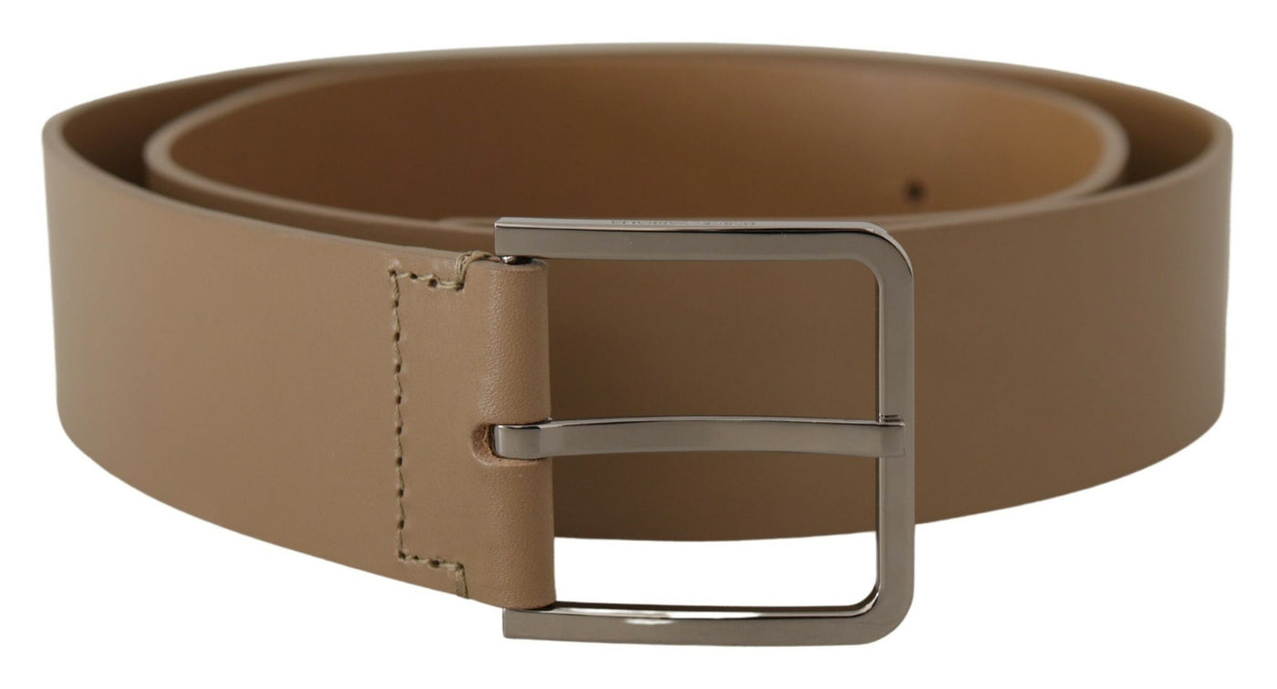 Beige Calf Leather Wide Silver Metal Belt