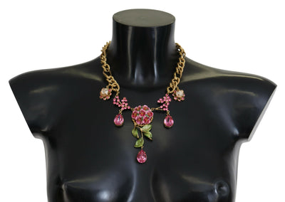 Gold Brass Chain Crystal Floral Roses Jewelry Necklace