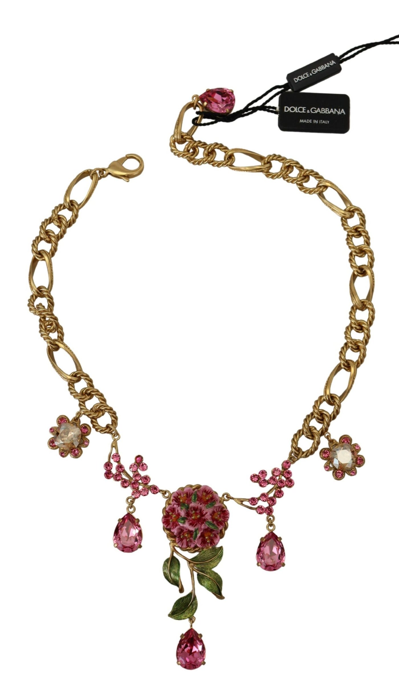 Gold Brass Chain Crystal Floral Roses Jewelry Necklace