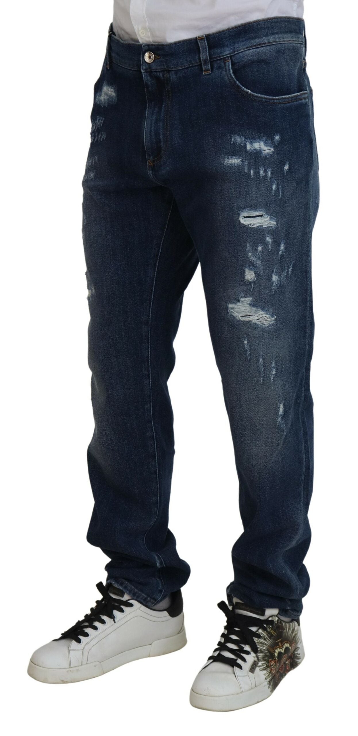 Blue Tattered Cotton Stretch Slim Denim Jeans